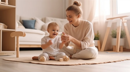 a full-length photo of an energetic disabled mother playing with a lovely baby while seated on the floor at home, The Generative AIの素材
