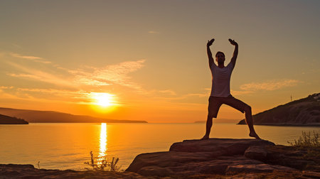 Generative AI shows a man stretching at morning by the sea with the sun in the backdrop.の素材