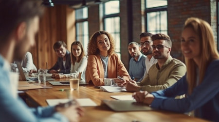 Younger workers gathered in the boardroom for training on Generative AI.の素材