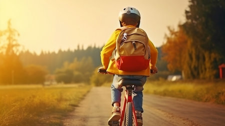 Generative AI schoolboy riding a bike while wearing a safety helmet and carrying a rucksackの素材