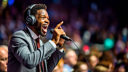 Generative AI performance by a motivational speaker wearing a headsetの素材