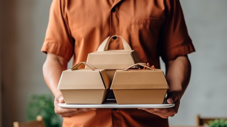 for takeaway meals, a variety of paper containers. Generative AI, delivery guyの素材
