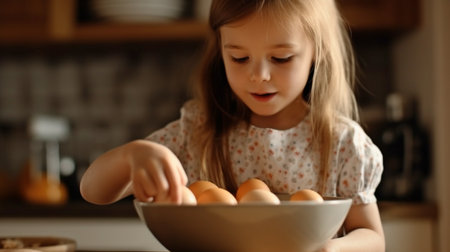 Generative AI with a cute little child breaking eggs into a bowlの素材