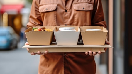 for takeaway meals, a variety of paper containers. Generative AI, delivery guyの素材