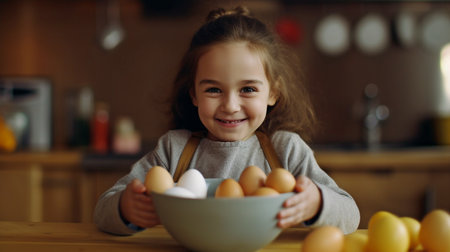 Generative AI with a cute little child breaking eggs into a bowlの素材