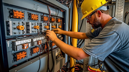 Electrical Panel Being Worked on by an Electrician, Generative AIの素材