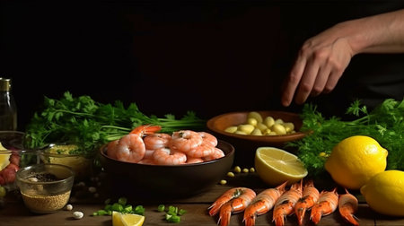 Seafood, Sprigg beans are used to prepare prawns by a professional chef. cooking nutritious vegetarian meals, fish, and food on a dark background, The Generative AIの素材