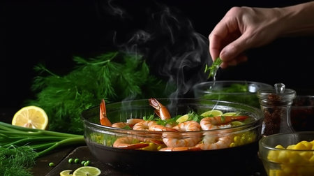 Seafood, Sprigg beans are used to prepare prawns by a professional chef. cooking nutritious vegetarian meals, fish, and food on a dark background, The Generative AIの素材