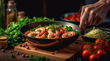 Seafood, Sprigg beans are used to prepare prawns by a professional chef. cooking nutritious vegetarian meals, fish, and food on a dark background, The Generative AIの素材