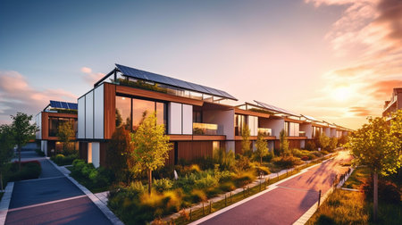 Generative AI and photovoltaic cells are used in modern, eco-friendly multifamily dwellings.の素材