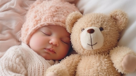 Generative AI, a newborn baby girl holding a teddy bear, a healthy child, and a happy motherの素材