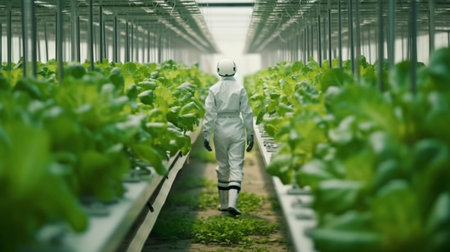 Robot transporting a bunch of lettuce from the greenhouse to the laboratory to assess its quality. Using a hydroponic system and Generative AI, a modern cyborg strolls over a huge agricultural company's farm plantation.の素材