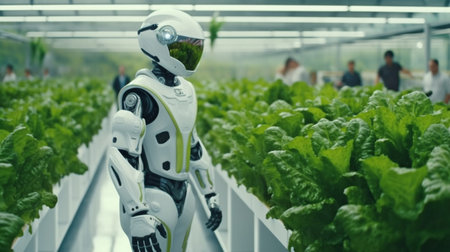 Robot transporting a bunch of lettuce from the greenhouse to the laboratory to assess its quality. Using a hydroponic system and Generative AI, a modern cyborg strolls over a huge agricultural company's farm plantation.の素材