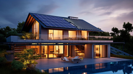 Generative AI, solar panels on the roof of a beautiful new houseの素材