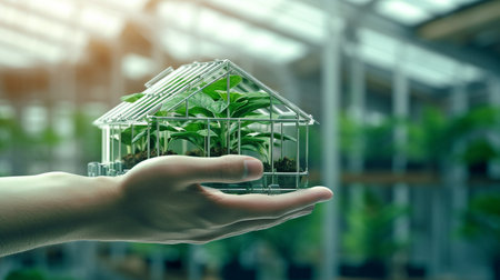 Generative AI with a robotic hand holding a greenhouseの素材