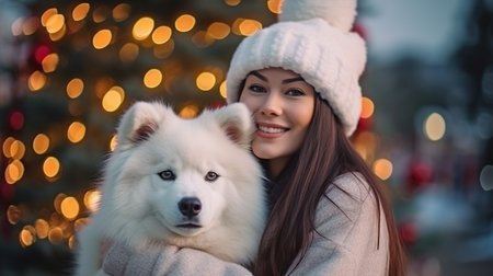 Generative AI of a young woman against a backdrop of a Christmas tree and a White Samoyed dog dressed as Santaの素材