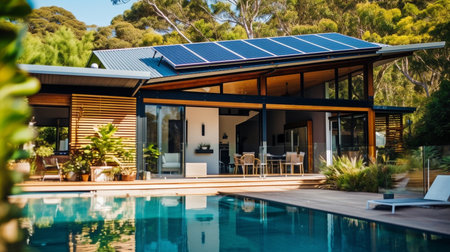 Generative AI, solar panels on the roof of a beautiful new houseの素材