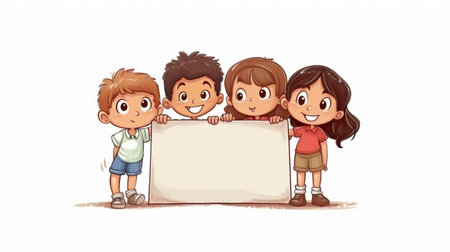 Generative AI, copy space, and happy kids with an empty board for your writingの素材