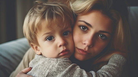 Generative AI shows a youngster cuddling his mother in a sad situation at home.の素材