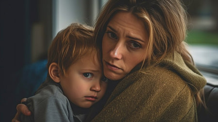 Generative AI shows a youngster cuddling his mother in a sad situation at home.の素材