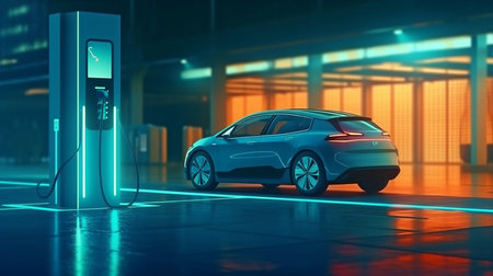 An electric charge station's silhouette of an EV with a low battery charge was created using generative AI.の素材