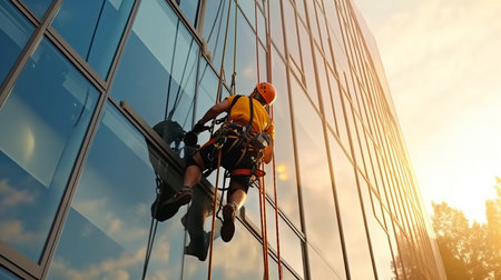 While cleaning the outer faÃ§ade glass of a residential structure, an industrial mountaineer hangs above it. Rope access worker is shown on a home's wall. The Generative AIの素材