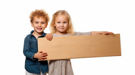 Generative AI, copy space, and happy kids with an empty board for your writingの素材