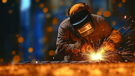 Metal is being welded, there is bokeh and shimmer in the background, and generative AI.の素材