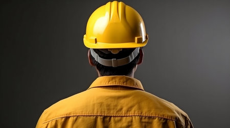 Generative AI is installed behind the safety helmet-clad head of the construction worker.の素材