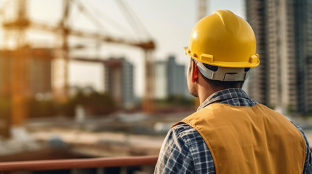 Generative AI is installed behind the safety helmet-clad head of the construction worker.の素材