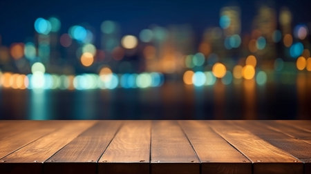 Wooden table, backdrop bokeh background. Generative AI, Neon Lights, and Night Viewの素材