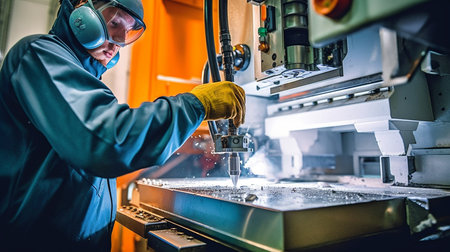 Generative AI and a worker running a CNC machineの素材