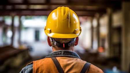Generative AI is installed behind the safety helmet-clad head of the construction worker.の素材