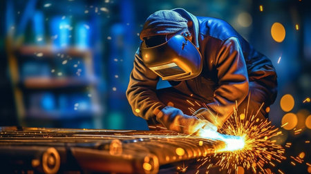 Metal is being welded, there is bokeh and shimmer in the background, and generative AI.の素材