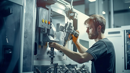 Generative AI and a worker running a CNC machineの素材