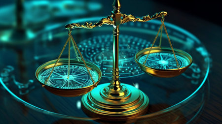International trade and commerce are reflected in the balance of justice in a digital world, according to Generative AI.の素材