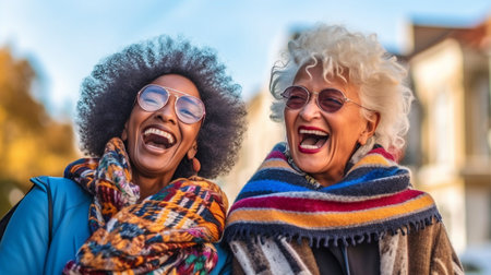 Multiracial Senior Women Enjoying Outdoors on a City Street, Generative AIの素材