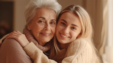 Two young women at various ages smiling and holding hands in a close-up photograph. Generative AI shows a little girl embracing her mother from behindの素材
