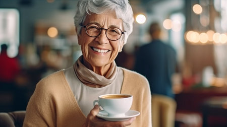 Generative AI and an elderly woman on a coffee breakの素材