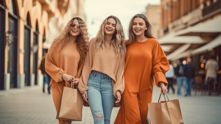 For the spring sales, three cheerful female companions with shopping bags strolled along the street. Generative AIの素材