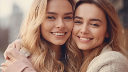 Two young women at various ages smiling and holding hands in a close-up photograph. Generative AI shows a little girl embracing her mother from behindの素材