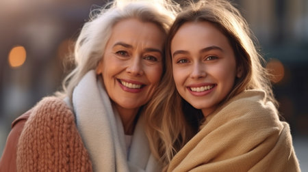 Two young women at various ages smiling and holding hands in a close-up photograph. Generative AI shows a little girl embracing her mother from behindの素材
