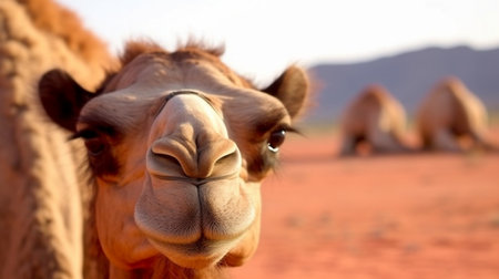 a camel snoozing on red sand Generative AI, blurring native Bedouin man in the backdrop, Wadi Rum desert closeup detail to the headの素材