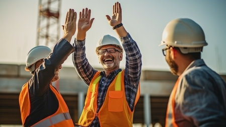 After successfully completing a building project, a construction worker and structural engineer give a high five. Generative AIの素材