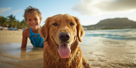 In Hawaii, Generative AI, a child and his Golden Retriever dog are on vacation at a beach resort and taking a nice break.の素材
