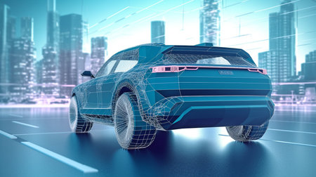 Concept of a wireframe car travelling down a road with a futuristic city in the background. SUV's rear view. Generative AIの素材