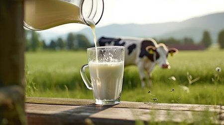 Generative AI with a blurry landscape and milk dripping into a glassの素材