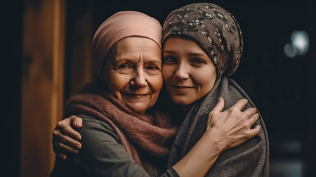 woman indoors cuddling her cancer-stricken mother, Generative AIの素材