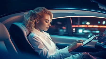 woman in an autonomous vehicle reading a book. autonomic vehicle. autonomous vehicle. the head-up display. technology for automobiles. Generative AIの素材