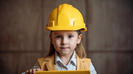 Generative AI with a child wearing a yellow hard hat for safety.の素材